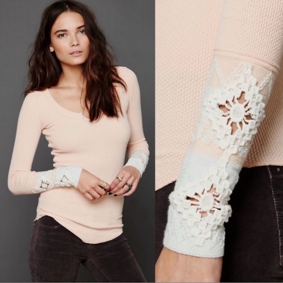 Free People Peach Kombucha Crochet Cuff Thermal Top Shirt Large - Picture 1 of 11